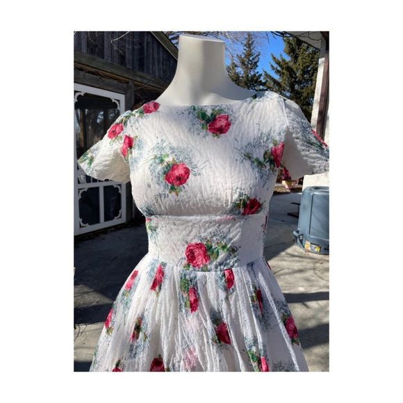 Vtg | 50s Fit & Flare Dress Floral Embroidery Party Day Dress Tea Dress Roses - Picture 6 of 16